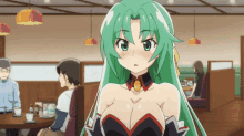 a girl with green hair is sitting in a diner