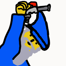 a drawing of a person holding a saxophone and a cannon