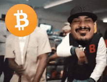 a man wearing a ny yankees hat is smiling in front of a bitcoin symbol