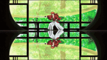 a reflection of a person holding a sword in a window with trees in the background