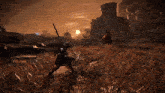 a video game scene with a person standing in a field