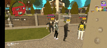a screenshot of a video game shows a group of people standing outside of a house