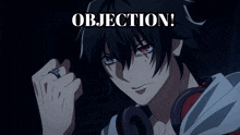 a man with headphones is covering his face with his hand and the words objection are above him