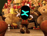 a cartoon character with an x on his head stands in front of a christmas tree