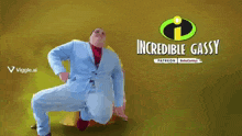 a man in a suit is dancing in front of a poster for incredible gassy