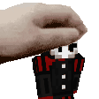 a pixel art of a hand holding a toy skeleton .