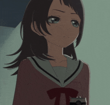 a girl in a school uniform with a red bow looks angry