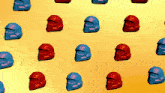 a pattern of red and blue helmet heads on a yellow background
