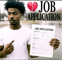 a man is holding a job application with a broken heart on it