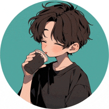a boy in a black shirt is drinking a cup of coffee with a straw .