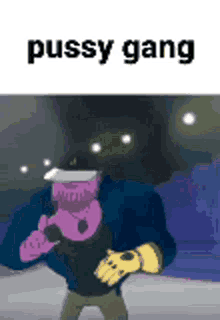 a cartoon character is standing on a sidewalk with the words pussy gang written on the bottom .
