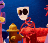 a cartoon character with a sad face is standing next to a red fire hydrant