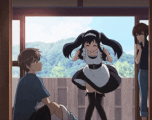 a girl in a maid outfit is standing next to a boy and another girl