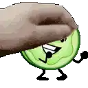 a hand is holding a cartoon character with arms and legs .