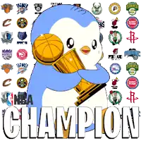 a penguin is holding a trophy in front of a collage of nba logos