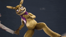 a stuffed bunny with purple eyes and a purple bow tie is making a shhh gesture