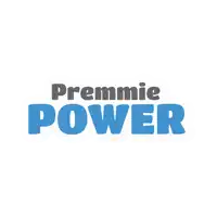 a blue and black logo that says premie power