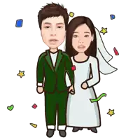 a cartoon drawing of a bride and groom with their faces on them
