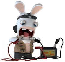 a cartoon rabbit is plugged into a battery that says power juice on it