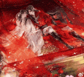 a painting of a man and woman laying on a bed covered in red paint
