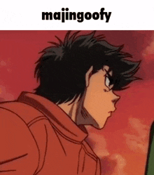 a close up of a man 's face with the words majingoofy written above it .