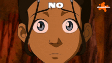 a close up of a cartoon character with the word no written on her forehead