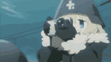 a girl in a military uniform is taking a picture with a zeiss camera