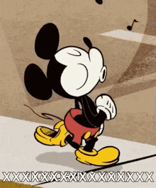 a cartoon of mickey mouse walking down a sidewalk with a musical note in the background .