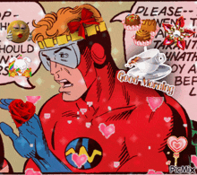 a cartoon of a superhero with a cup of coffee and the words good morning on the bottom