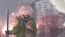 a girl with glasses and a wreath on her head is holding a flower