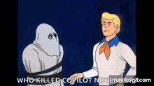 scooby doo and a ghost are standing next to each other and shaking hands .