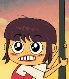 a cartoon girl with a surprised look on her face holds onto a pole