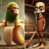 a green monkey and a wooden stick with big eyes
