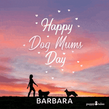 a poster for happy dog mums day with a woman and two dogs