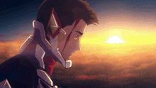 a cartoon of a man with a helmet on looking at the sun