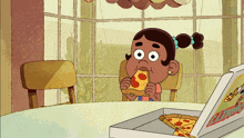 a cartoon girl eating a slice of pepperoni pizza