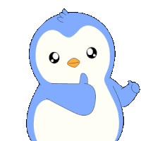 a blue penguin with a yellow beak is waving