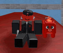 a red cartoon character is sitting next to a red cartoon bear