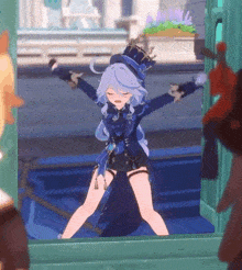 a cartoon girl is standing in front of a window with her arms outstretched .