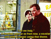 a man and woman are standing in front of a store with a sign that says rep on it