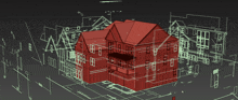 a drawing of a house with a red roof and a few windows
