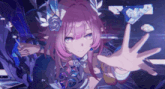 a girl with pink hair is reaching out her hand towards something