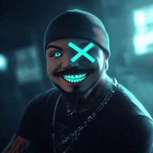a man wearing a mask with an x in his eyes