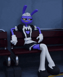 a purple cartoon character in a maid outfit sits on a bench