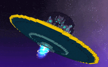 a pixel art illustration of a space ship with a blue and yellow border