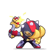 a cartoon character is holding a sword in his hand and a sword in his mouth .