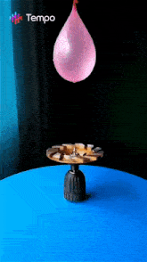 a pink balloon is floating in the air above a blue table with the word tempo on the bottom right