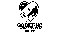 a black and white logo for gobierno humano y solidario shows two hands holding a heart with a flag inside of it .