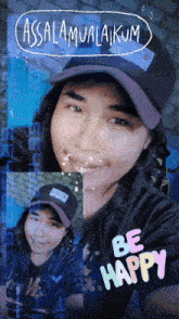 a woman wearing a hat and a shirt that says " be happy "
