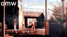 a group of people walking down a street with the words omw to malas aguas on the bottom